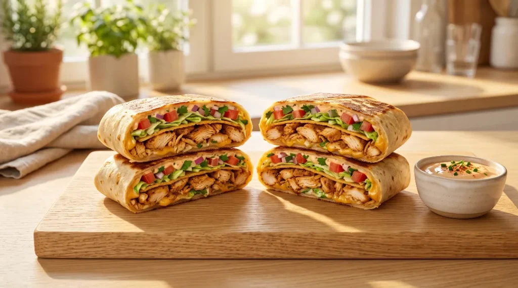Two halved chicken crunch wraps stacked artistically on a wooden board next to a small bowl of chipotle dipping sauce.