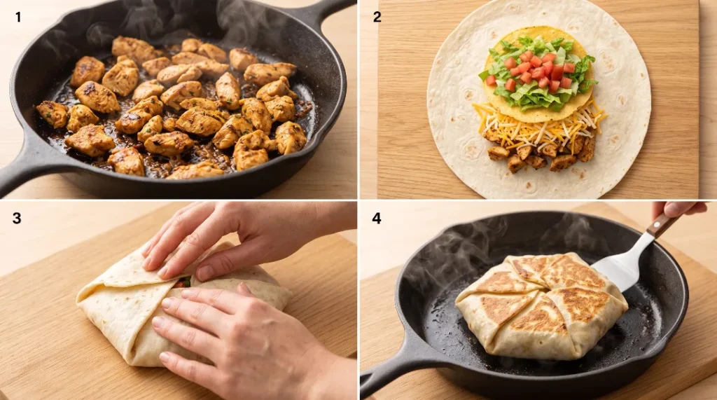 A process collage showing the four key steps of the chicken crunch wrap recipe, including searing chicken, layering ingredients, folding, and toasting the wrap.