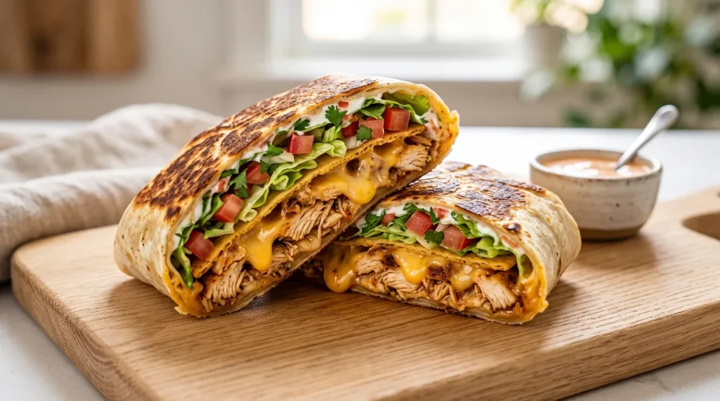 A crispy, halved chicken crunch wrap recipe showing layers of melted cheese, seasoned chicken, and fresh vegetables on a wooden cutting board.