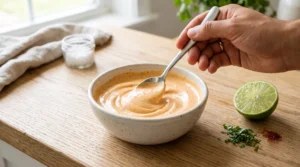 A hand using a metal spoon to stir a smooth, creamy orange chipotle sauce in a speckled ceramic bowl next to a lime half.
