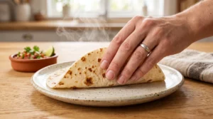 A hand gently folding a warm, steaming large flour tortilla on a speckled ceramic plate resting on a light oak kitchen counter.