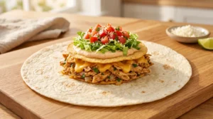 A large flour tortilla topped with layers of seasoned chicken, melted cheese, a crispy tostada shell, creamy sauce, shredded lettuce, and diced tomatoes on a wooden board.