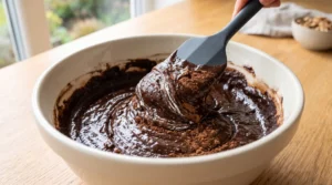 Chocolate brownie cookies recipe preparation showing a rubber spatula gently folding sifted flour and cocoa powder into a rich, glossy chocolate batter in a white bowl.