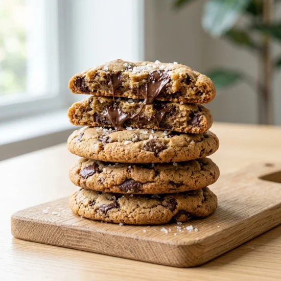 Chocolate chip cookies recipe cover image featuring a tall stack of thick, bakery-style cookies with a gooey, melted chocolate pull on a light oak wooden board.