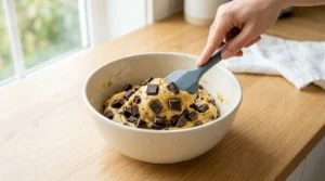 A hand using a grey spatula to gently fold thick chocolate chunks into cookie dough in a white bowl resting on a light oak wooden counter for a chocolate chip cookies recipe with chocolate chunks.
