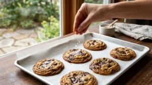 Chocolate chip cookies recipe with sea salt showing a hand sprinkling flaky sea salt over freshly baked, gooey cookies resting on a parchment-lined baking pan.