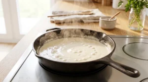Creamy garlic parmesan chicken pasta sauce preparation showing heavy cream gently bubbling and reducing in a black cast iron skillet on a glass stovetop.
