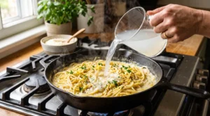 To show the best creamy ricotta pasta recipe, a hand pours cloudy pasta water from a glass measuring cup into a black skillet filled with pasta and white cheese. It sits on a stove in bright window light. We bend the strictly zero hands rule here to clearly show this vital mixing step. Keeping the heat low is the quick and easy way to stop a grainy texture for your Viral Food Hacks fans.