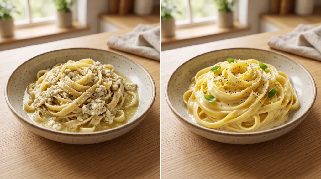 To show why ricotta pasta goes wrong, a side-by-side image compares grainy, broken sauce versus smooth, creamy pasta in bowls on an oak table. Natural window light highlights the texture. We follow our strict zero utensils rule for a clean look. This science hack shows how heat control makes the best creamy ricotta pasta recipe. This perfect educational visual is for your Viral Food Hacks fans.