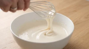 Crinkle brownie cookies recipe showing a whisk lifting pale, thick, and ribbony beaten egg and sugar mixture from a white bowl on a light oak wooden counter.