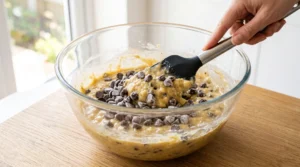 Easy banana chocolate chip muffins preparation showing a hand using a dark spatula to gently fold flour-coated chocolate chips into a thick banana batter inside a large clear glass bowl.