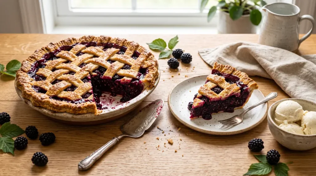 A whole blackberry pie with a lattice crust and a sliced piece next to vanilla ice cream on a light oak table.