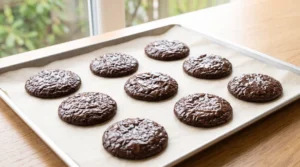 Easy brownie cookies recipe showing freshly baked, crinkly chocolate cookies cooling on a parchment-lined baking sheet on a light oak wooden table.