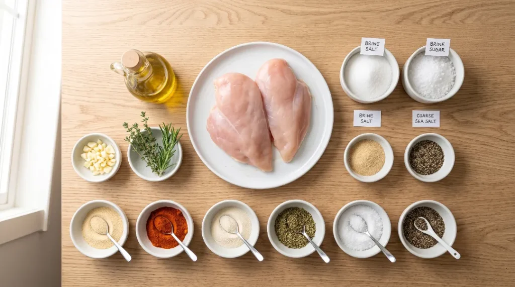 Easy chicken breast recipe ingredients flat lay featuring raw chicken breasts, olive oil, fresh herbs, and various bowls of spices including salt, sugar, paprika, and garlic powder on a light oak wooden counter.