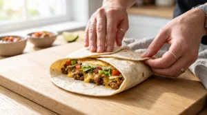 Two hands gently folding the edges of a large flour tortilla over a layered filling of meat, cheese, lettuce, and a tostada shell on a wooden board.