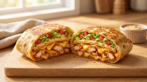 A grilled chicken crunch wrap cut in half on a wooden cutting board revealing layers of chicken, melted cheese, tostada shell, lettuce, and tomato.