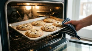 A hand using a striped oven mitt to pull a baking sheet of baked cookies from a hot oven, highlighting golden edges and soft centers for an easy chocolate chip cookies recipe.