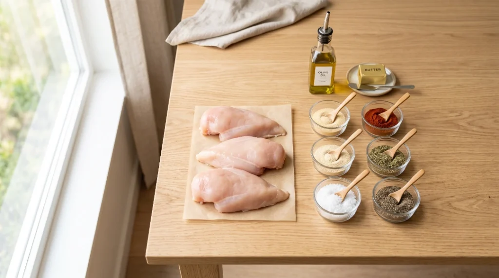Easy garlic parmesan chicken pasta ingredients flat lay showing three raw chicken breasts on parchment paper, olive oil, butter, and six small glass bowls containing various spices with wooden spoons on a light wood table near a window.