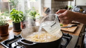 To show the best easy ricotta pasta recipe, a hand uses a clear glass measuring cup to scoop cloudy starchy water from a black boiling pot. Bright natural window light highlights the fresh green basil. We bend the strict zero hands rule here to clearly show this vital cooking step. Saving this hot water is the quick and easy way to build a silky glossy sauce for your fans.
