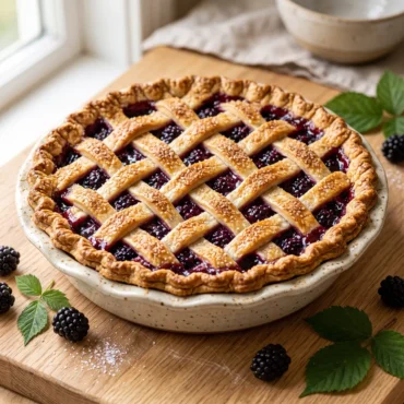 A whole baked Blackberry Pie Recipe with a golden lattice crust surrounded by fresh berries and leaves on a light oak table.