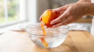 Fresh peach cobbler recipe preparation showing hands slipping the skin off a warm, blanched peach over a glass bowl of ice water on a light oak wooden counter.
