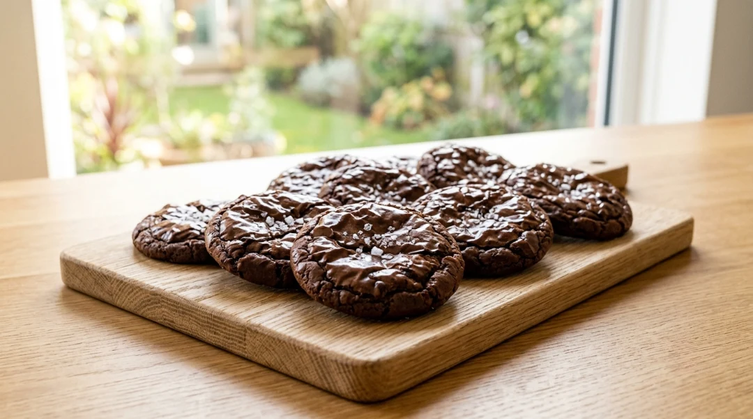 Fudgy brownie cookies recipe WPRM cover showing a beautiful arrangement of shiny, crinkle-topped chocolate brownie cookies on a light oak wooden board.