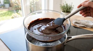 Fudgy brownie cookies recipe preparation showing a hand using a silicone spatula to stir melting dark chocolate and butter in a glass bowl over a double boiler.