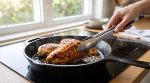 Garlic parmesan chicken pasta preparation showing a hand using metal tongs to turn a perfectly seasoned chicken breast with a deep golden brown crust in a smoking black skillet on a black stovetop.