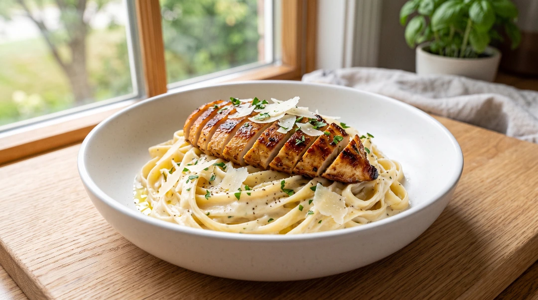Garlic parmesan chicken pasta recipe WPRM cover showing a beautiful white bowl of creamy fettuccine topped with sliced, golden-crusted chicken, garnished with fresh herbs and cheese on a wooden board near a window.