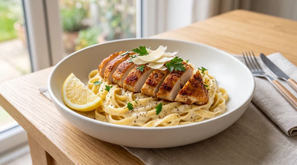 Garlic parmesan chicken pasta recipe serving idea showing creamy fettuccine topped with sliced seared chicken, garnished with fresh parsley, large cheese shavings, and a lemon wedge in a white ceramic bowl on a wooden table.
