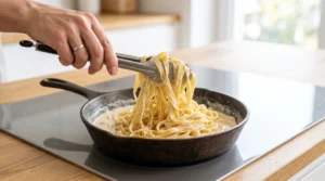 Garlic parmesan chicken pasta with fettuccine assembly showing a hand using metal tongs to lift and toss long fettuccine noodles in a creamy, glossy cheese sauce inside a black cast iron skillet.