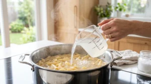 Garlic parmesan chicken pasta with penne preparation showing a hand using a glass measuring cup to scoop hot, starchy pasta water from a boiling stainless steel pot on a stove.