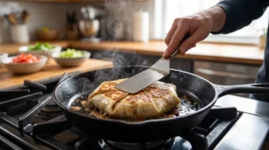 A hand using a metal spatula to press a folded chicken crunch wrap in a steaming cast iron skillet on a stovetop.