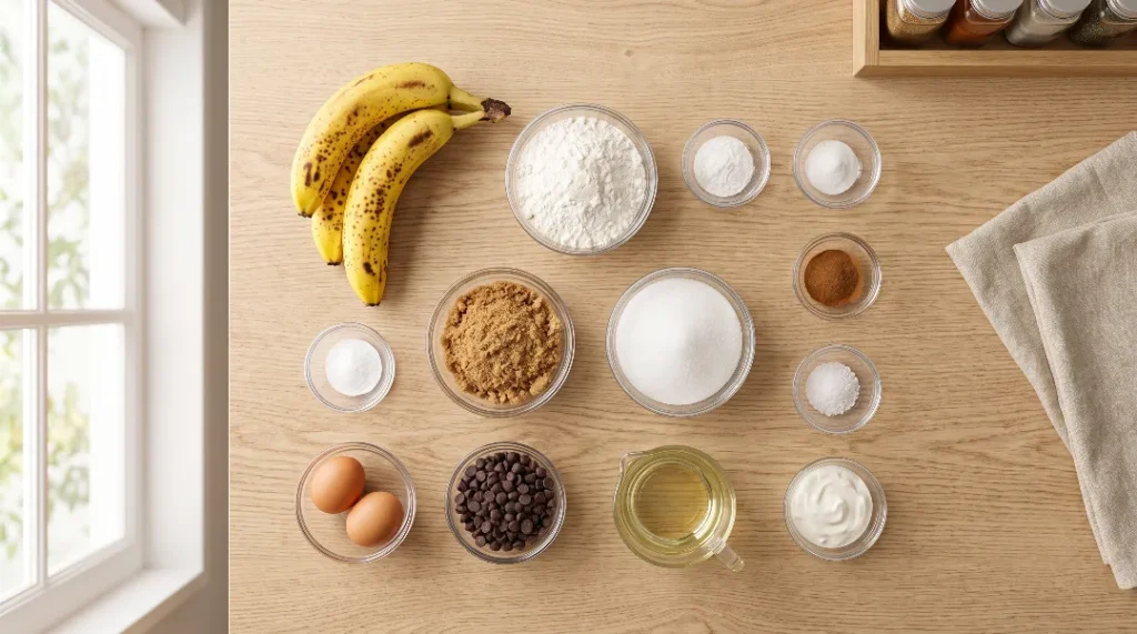 Homemade banana chocolate chip muffins flat lay showing ripe bananas, flour, sugars, eggs, chocolate chips, oil, sour cream, and spices arranged in clear glass bowls on a wooden table.