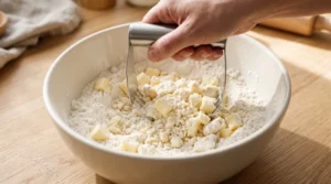 A hand uses a pastry cutter to mix cold cubed butter into flour in a white bowl on a light oak table.