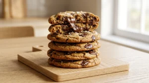 Homemade chocolate chip cookies recipe featuring a stack of thick baked cookies on a wooden board with the top cookie broken in half to reveal a gooey, melted chocolate pull.