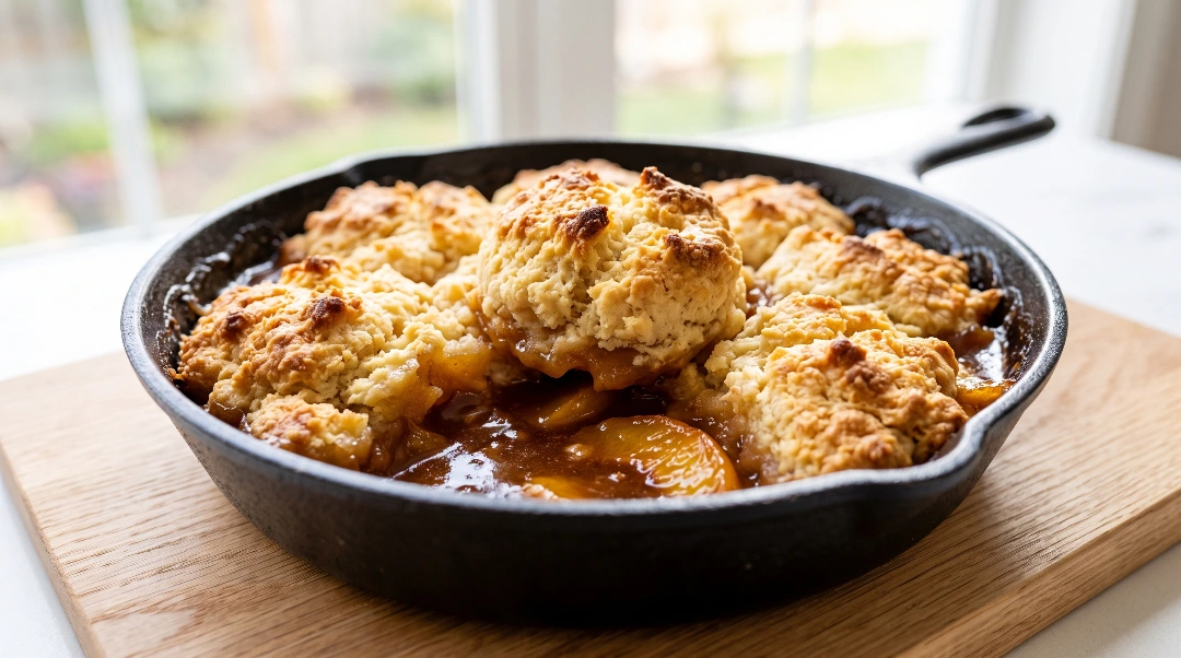 Homemade peach cobbler recipe WPRM cover showing a close-up of bubbling fruit filling and flaky drop biscuits baked in a cast iron skillet on a wooden cutting board.