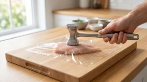 How to cook chicken breast preparation showing a hand using a metal meat mallet to gently pound a raw chicken breast covered in plastic wrap on a light oak wooden cutting board.