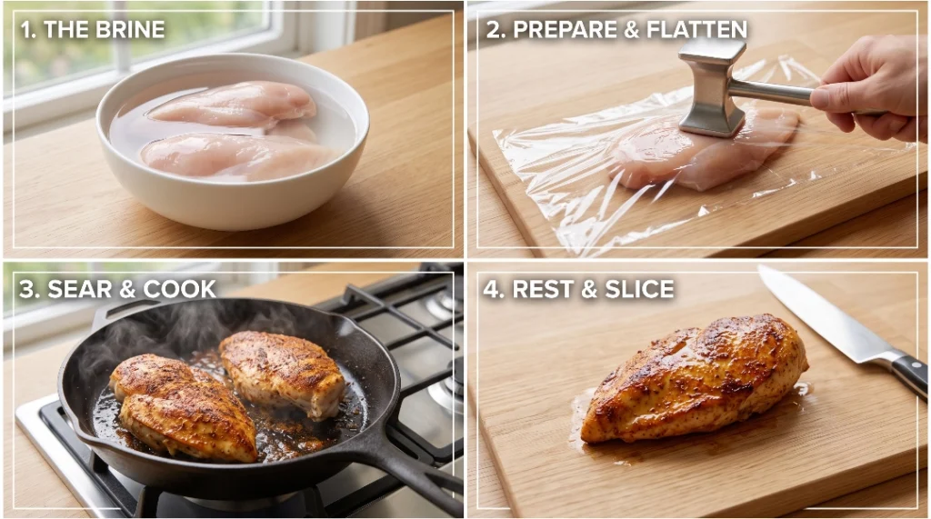 How to cook chicken breast step-by-step process collage showing four essential stages: brining raw meat in a bowl, flattening it with a meat mallet, searing in a hot cast iron skillet, and resting a perfectly golden chicken breast on a light oak wooden cutting board.