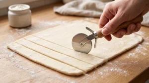A hand uses a pastry wheel to cut straight dough strips for a blackberry pie lattice on a lightly floured wooden table.
