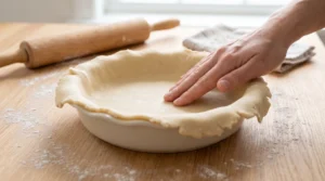 A hand gently presses rolled pie dough into a white ceramic dish on a floured oak table next to a wooden rolling pin.