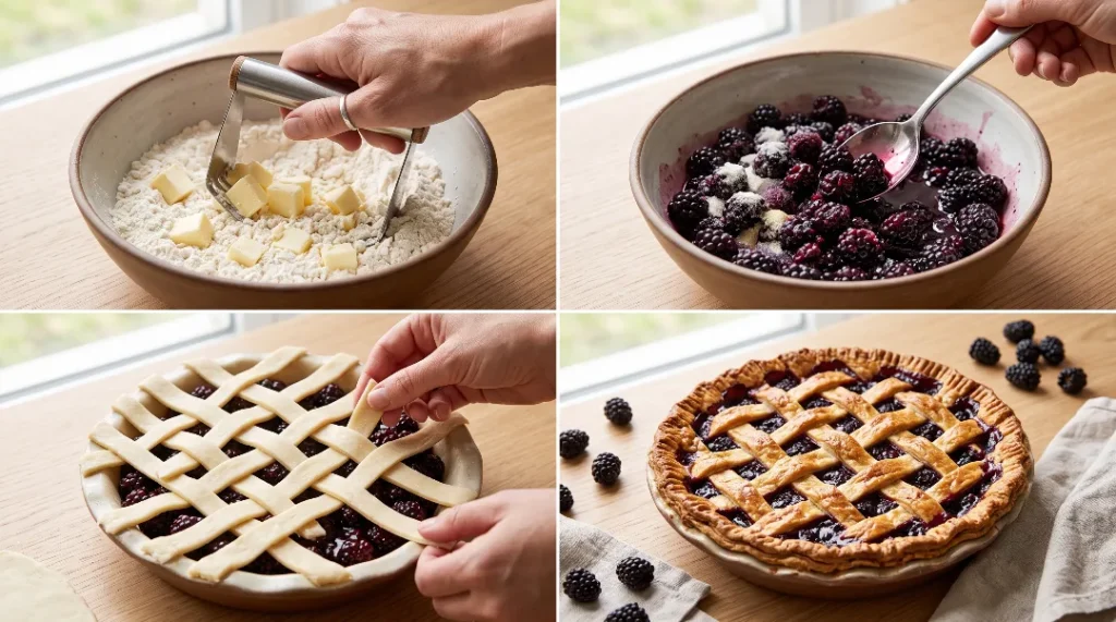 A four-panel collage showing a hand cutting butter into flour, mixing blackberries, weaving a lattice crust, and a baked pie.