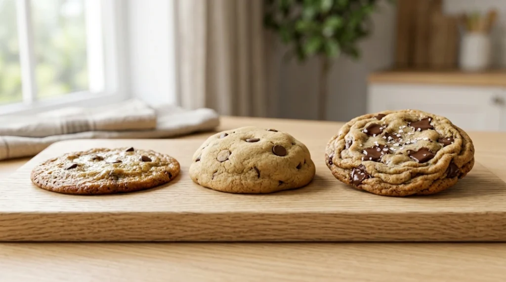 How to make chocolate chip cookies comparison showing three baked cookies side-by-side on a wooden board: one flat and thin, one tall and cakey, and one perfectly thick and chewy with chocolate chunks.