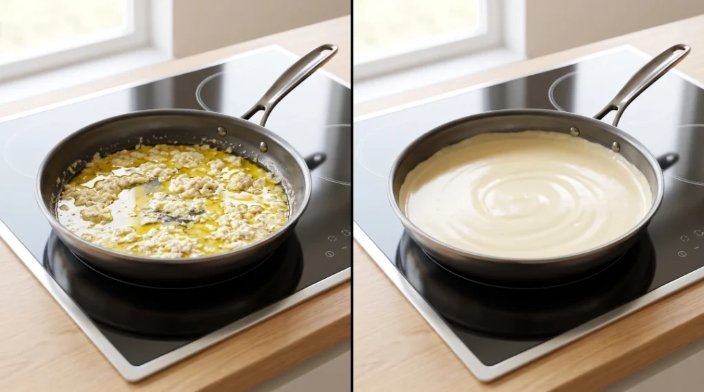 Split view comparison showing how to make garlic parmesan chicken pasta sauce, with a separated, oily, clumpy cheese sauce on the left and a perfectly smooth, creamy, emulsified sauce on the right in a metal skillet.