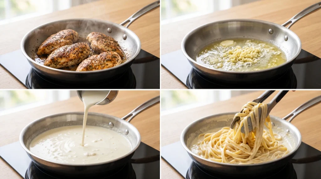 A four-part collage showing how to make garlic parmesan chicken pasta: searing seasoned chicken breasts in a metal skillet, cooking minced garlic in melted butter, pouring heavy cream into the pan, and using metal tongs to toss fettuccine noodles in a creamy sauce.