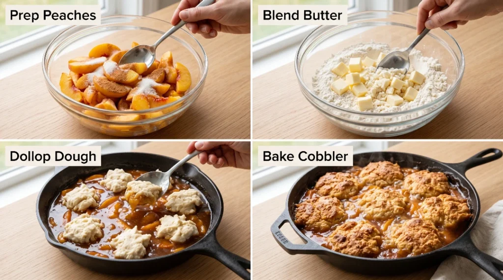A four-part collage showing how to make peach cobbler: prepping sliced peaches with spices in a glass bowl, using a spoon to blend butter into flour in a glass bowl, dolloping biscuit dough into a cast iron skillet, and the finished baked cobbler.