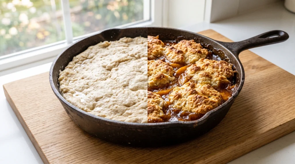 Split view comparison of how to make peach cobbler, showing a pale, dense, failed topping on the left versus a golden brown, bubbly, perfect biscuit topping on the right in a cast iron skillet.