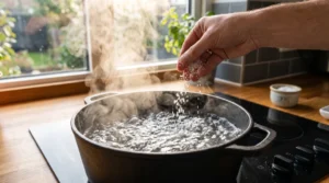 To show how to make ricotta pasta, white salt falls into a black pot of boiling water on a stove. Bright natural window light highlights the steam. We bend the strict zero hands rule here to clearly show this vital salting step. Salting the water is the quick and easy way to season your meal from the inside. This perfect first step is ready for your Viral Food Hacks fans today.