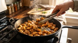 A close-up of a hand using metal tongs to toss seasoned, diced chicken in a steaming cast iron skillet on a stovetop.