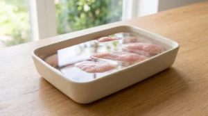 Juicy chicken breast recipe preparation showing raw chicken breasts fully submerged in a clear salt water brine inside a shallow dish on a light oak wood counter.